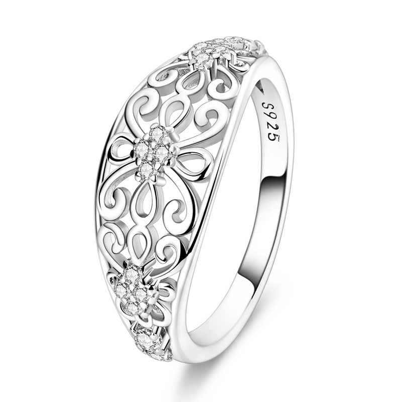 TEMU 1pc 925 Sterling Silvery New Fashionable And Elegant Vintage Openwork Pattern Ring, Daily Exquisite Close-setting Ring Jewelry, Suitable For