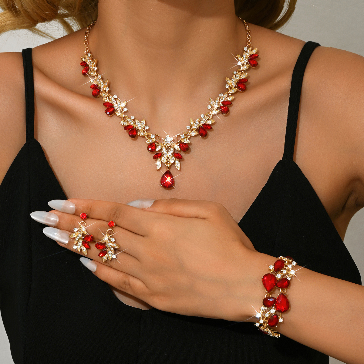 TEMU Crystal Golden Plated Jewelry Set: Floral Bridal Necklace, Earrings & Bracelet For Wedding, Prom And Evening Gown Party