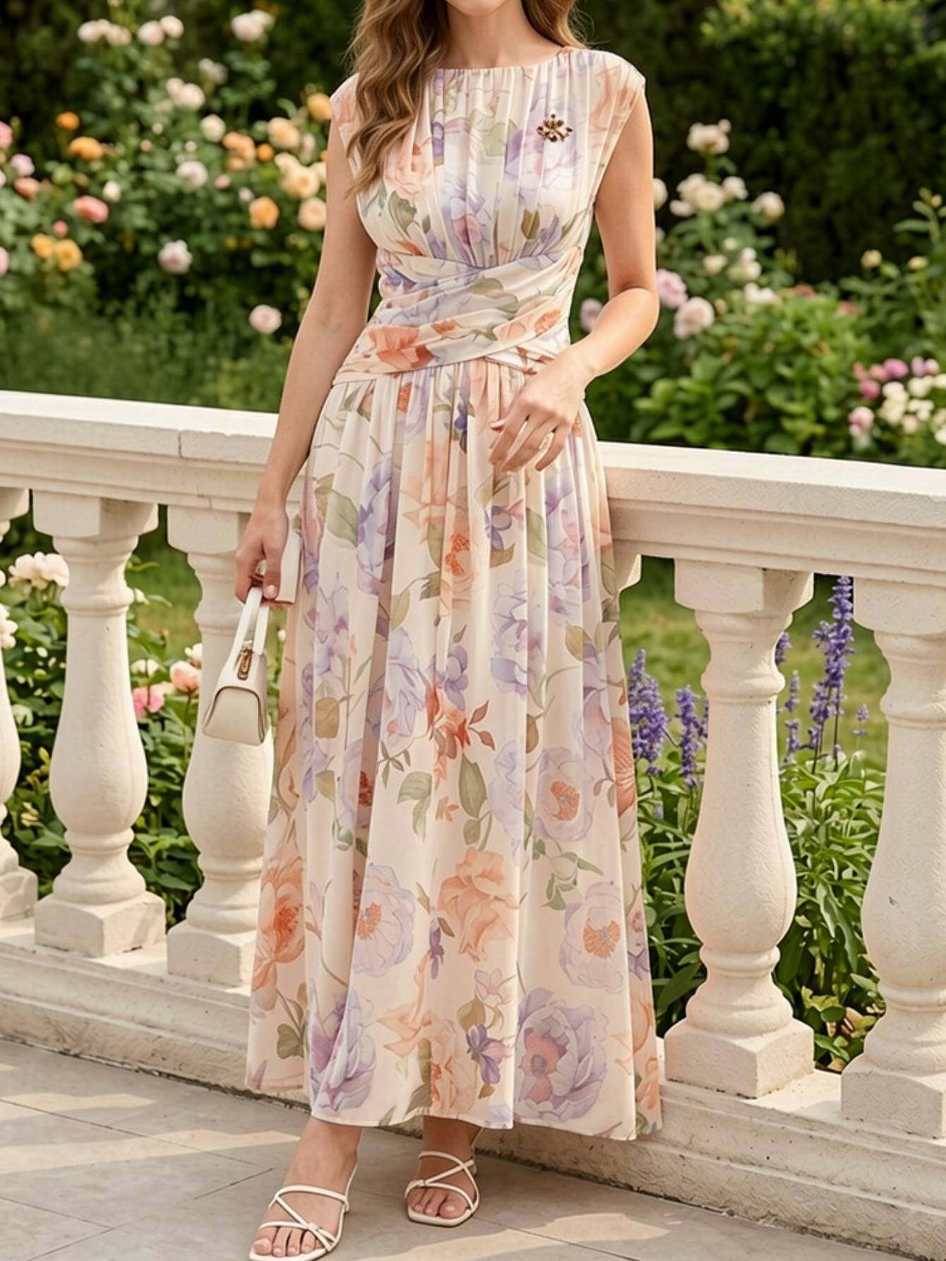 womens spring summer watercolor floral printed sleeveless round neck fitted flowy maxi dress       dress