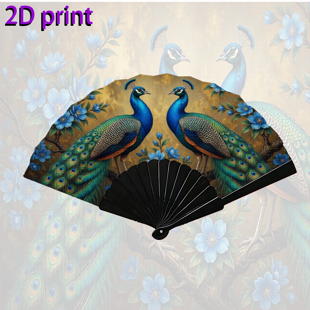 TEMU 2d Flat - 1 Unisex Feather Fan With 2d Feathers And Floral Vintage Illustration, Handheld Cooling Fan, Portable, Suitable For Stage, Wedding,