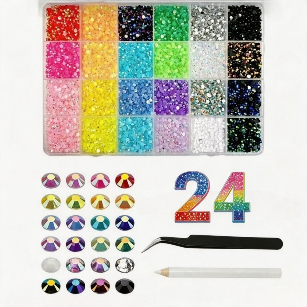TEMU 9088pcs 3mm Flatback Rhinestones Set, 24 Colors Iridescent Shimmering Beads Additions, With Pencil And Curved Tweezers, Suitable For Nail Art,