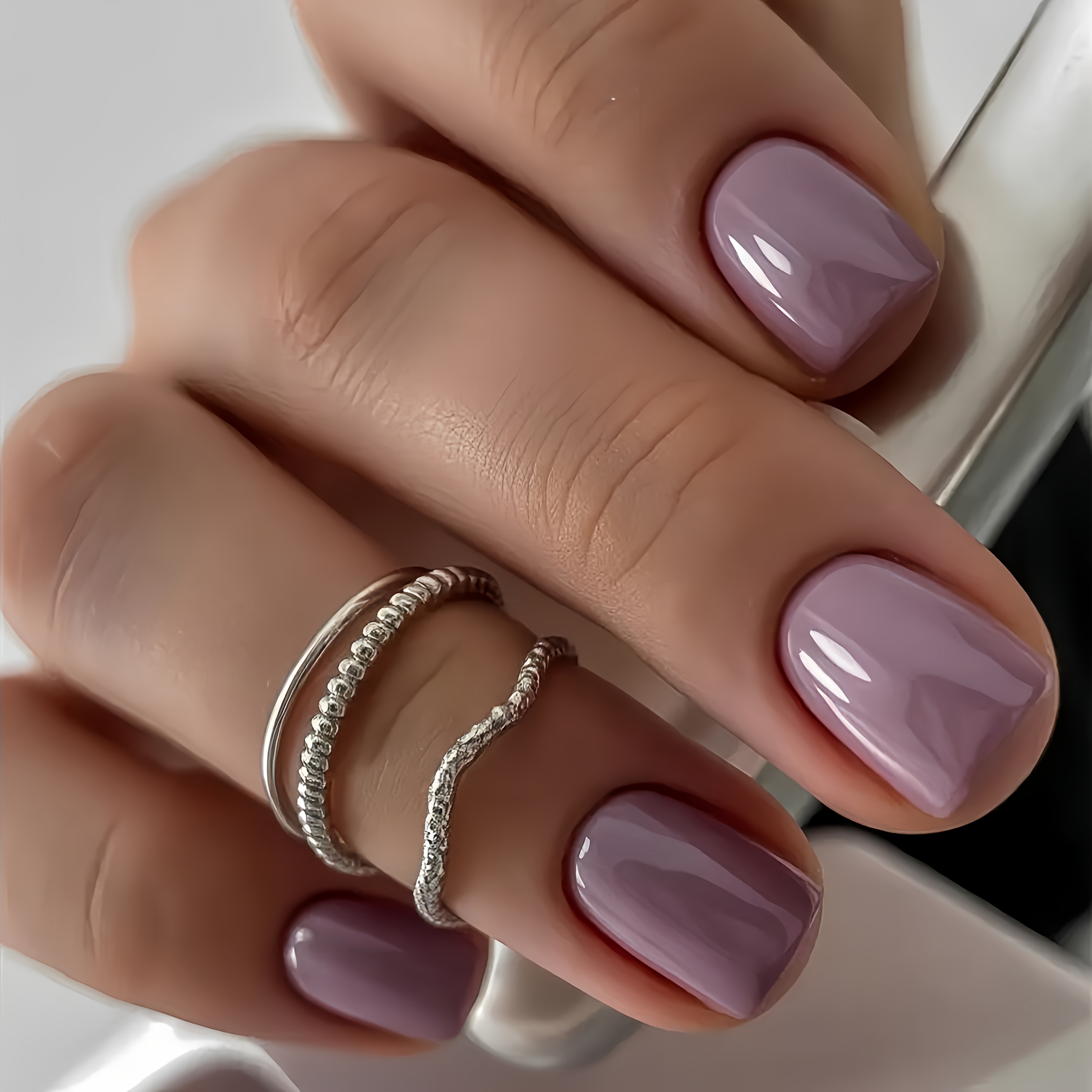 24pcs- Purple Gray Short Square Glossy Press-on Nails- Upgrade Your Look And Create Nail Art- Full Coverage Shiny Nails- Includes Nail, Nail Care, Nail Art