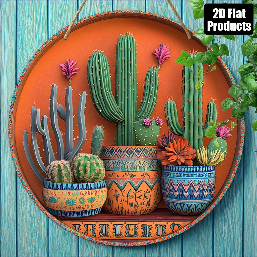 TEMU Décoration murale ronde en bois plat 2D, 1 pièce sur le thème du cactus - Décoration artisanale rétro en bois simulé, impression plate 2D ,