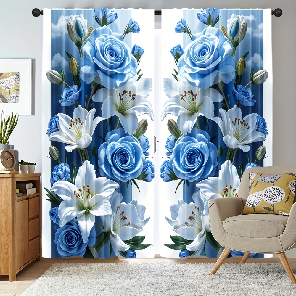 TEMU 2pcs Blue Print Curtains, Machine Washable Polyester Fabric, Elegant , Suitable For Bedroom, Living Room, Office, Balcony, Dorm, And Home Decor.