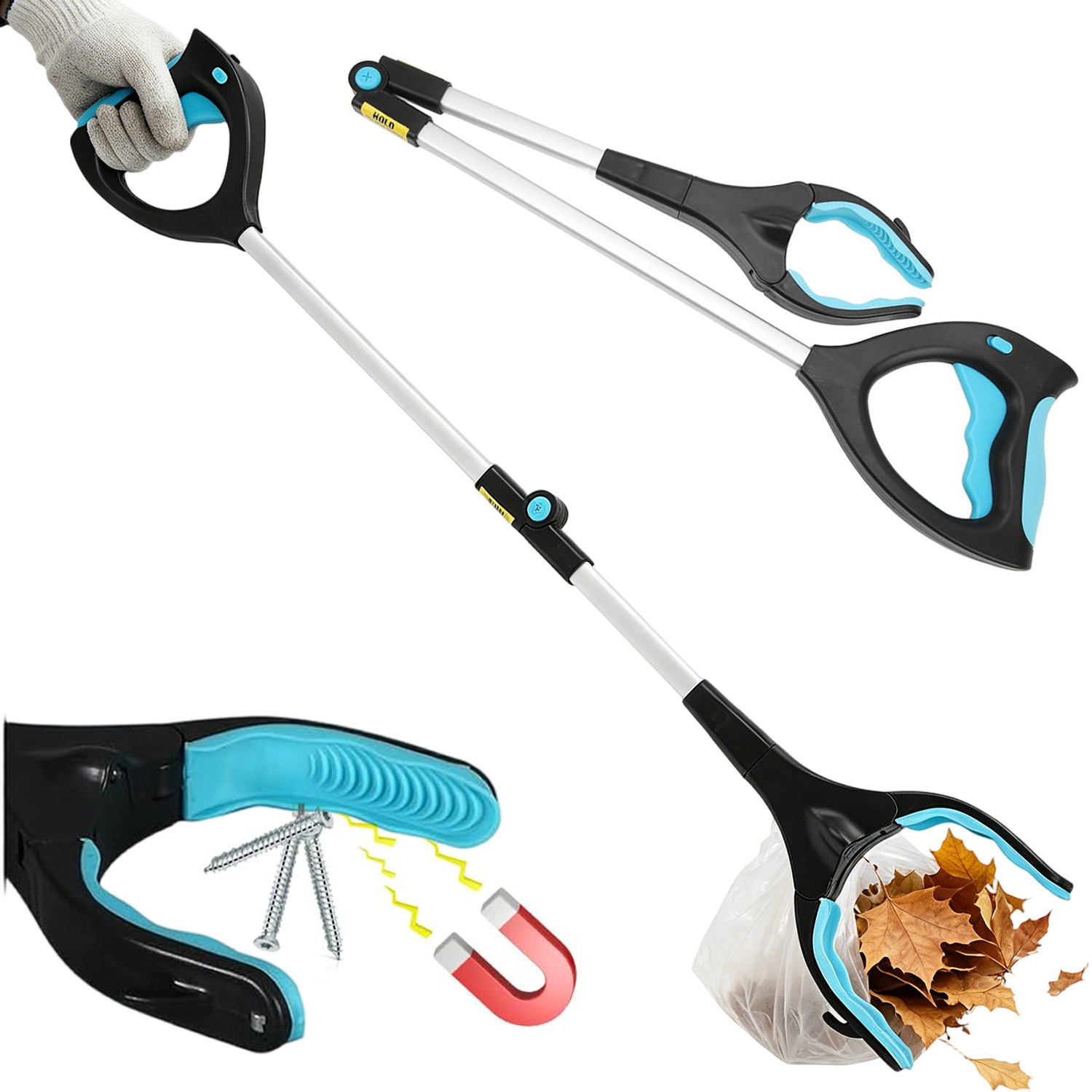 Foldable Extendable Picking Clamp With Magnetic Tip, Structure With Ergonomic Handle For Household Item Retrieval