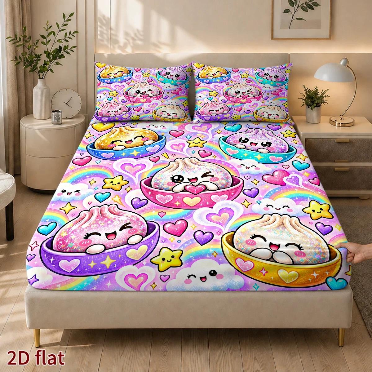 TEMU 3pcs Bedding Protector Set, 1pc Fitted Sheet And 2pcs Pillowcases (no Filling) 2d Flat Printing, Mattress Protector Cover, Cute Cartoon Dumpling