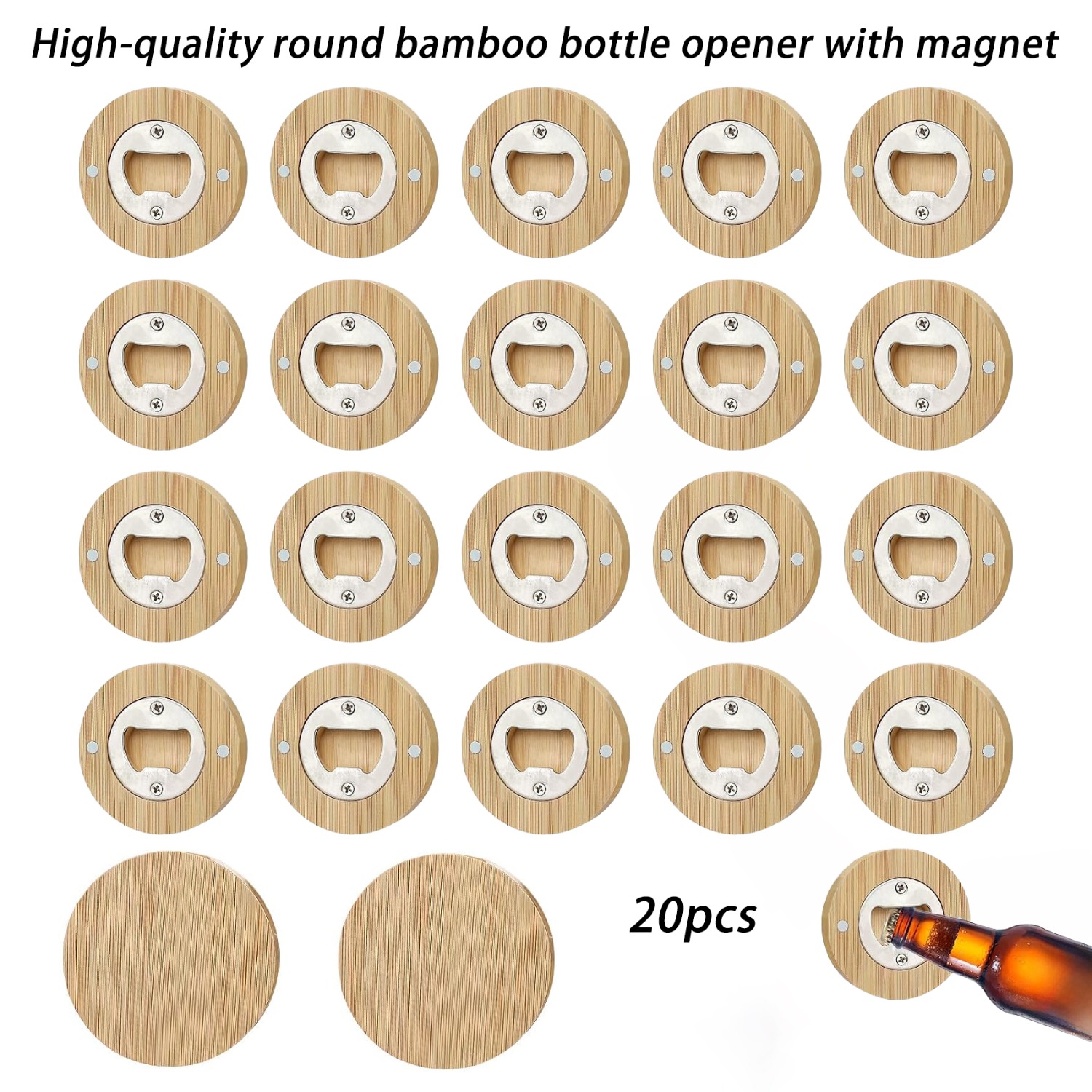Tocome 20/40pcs Round Bamboo Magnetic Beer Bottle Openers 6cm Blank Fridge 2.36in Portable Laser Engraving Blanks Bulk Wholesale Beer Lover Gifts Wedding Favors Home Bar Holiday Party Craft Supplies