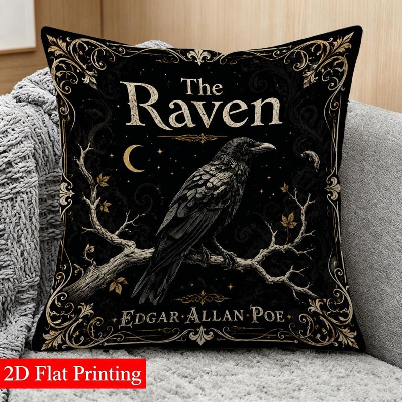 TEMU 1pc Pillowcase, Featuring A Crow And Edgar Allan Poe-themed Design With And Crow Patterns On The Edges. Made Of Soft And Smooth Polyester