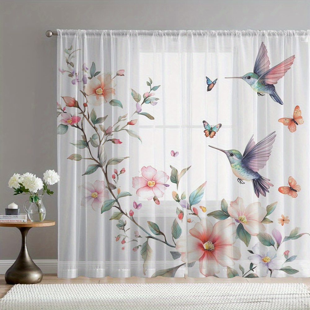 TEMU 2pcs Rideaux Transparents à Imprimé Floral Printemps Bleu avec Poche pour Tringle, Élégants Draperies Adaptées pour Cuisine Café Salon Balcon