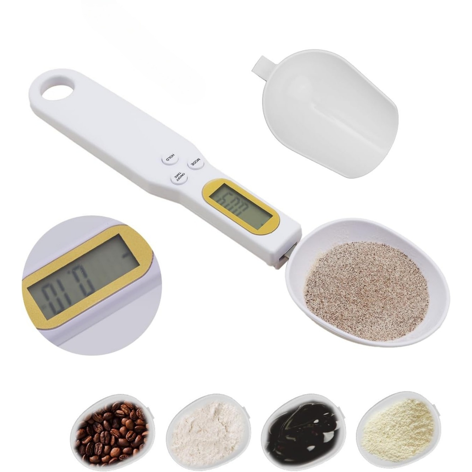 electronic weighing spoon with     gram scale ergonomic handle 0 1 500g capacity high quality   abs material white black electronic kitchen scale with   function hold unit switch for baking coffee spices tea ingredients measurement 0