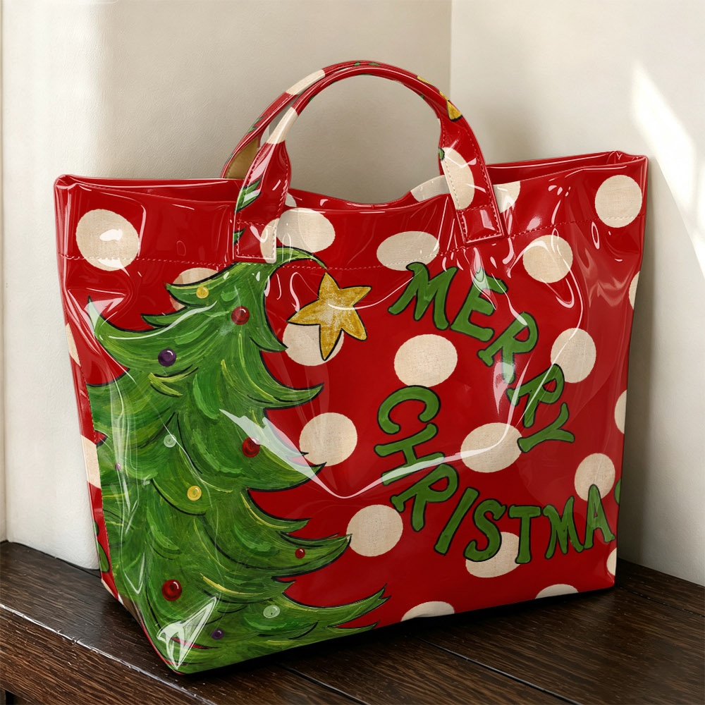 TEMU 1pc Red Background Beige Polka Dot Hand Painted Christmas Tree, Merry Christmas Star Ornament Print Pvc Hand Tote Bag, For Christmas Gift,