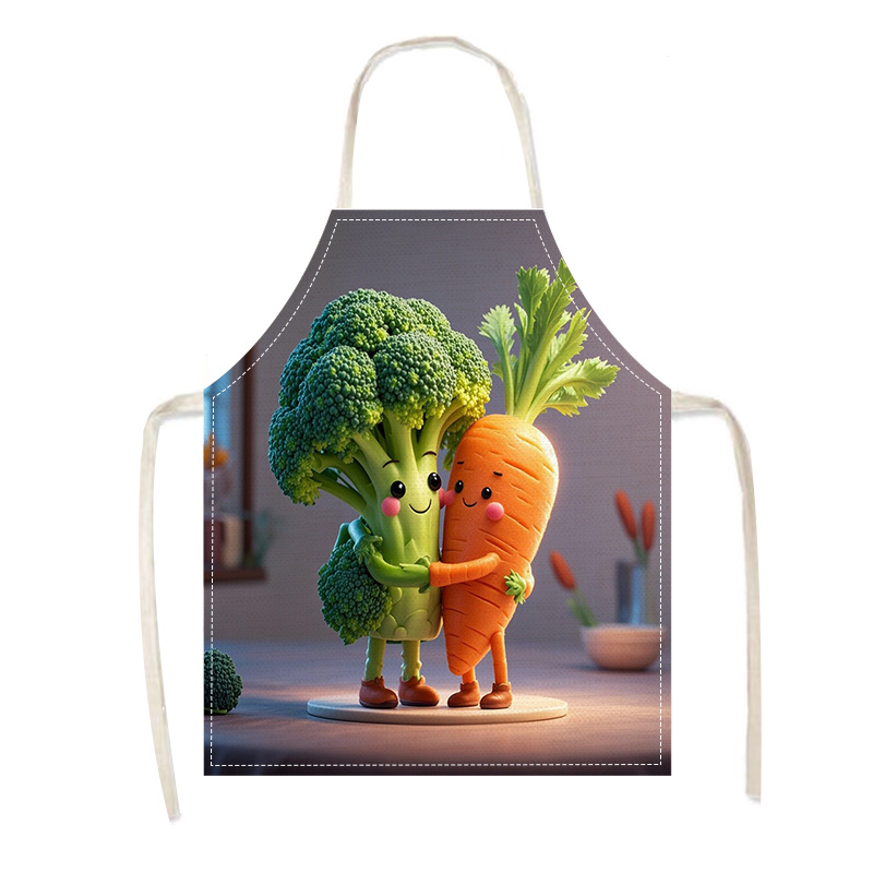 TEMU Cute Carrot & Broccoli Print Linen Apron - Soft, Fabric For Cooking & Baking, Kitchen Apron| Design| Apron