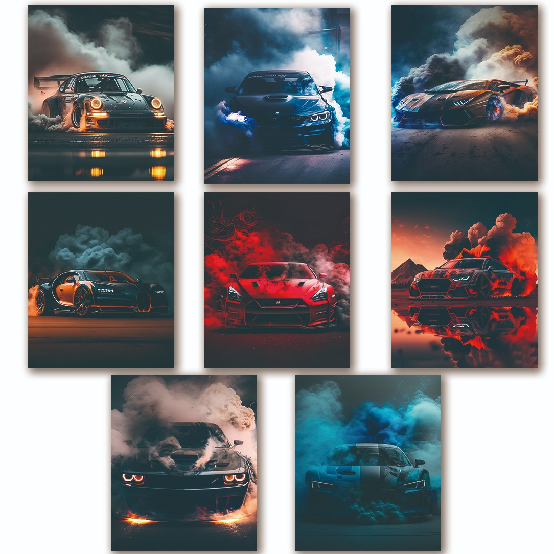 E-shop 2D Flach, 2D Flach, Kein Rahmen 8-teiliges Super Car Poster Set für Zimmer, Sportwagen Poster für Männer, Coole Kunstwerk Bilder Dekoration