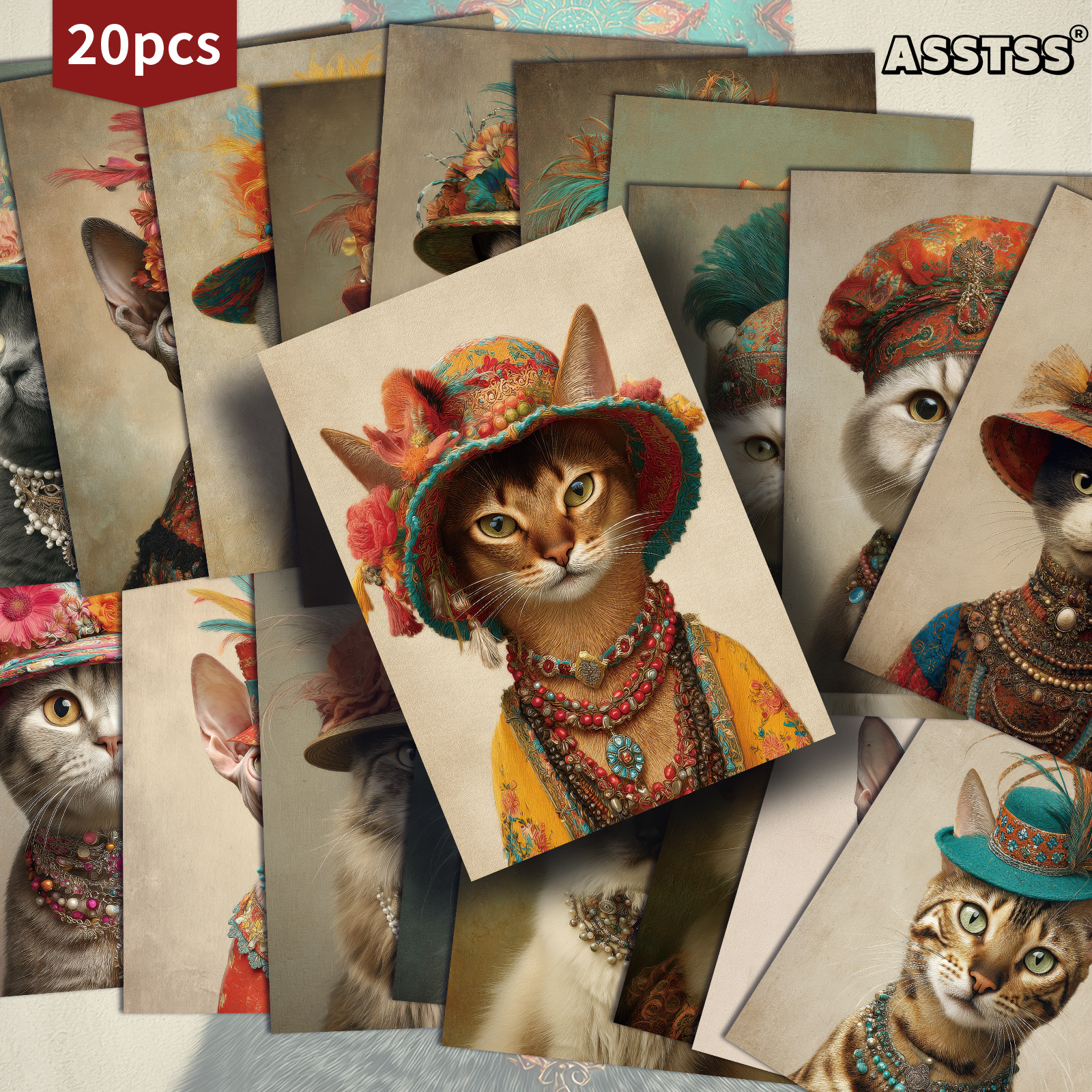 TEMU Lot de 20 cartes de vœux ASSTSS Portrait de chat victorien rétro - Papier journal rétro de 4X6 pouces, illustrations classiques, cartes de