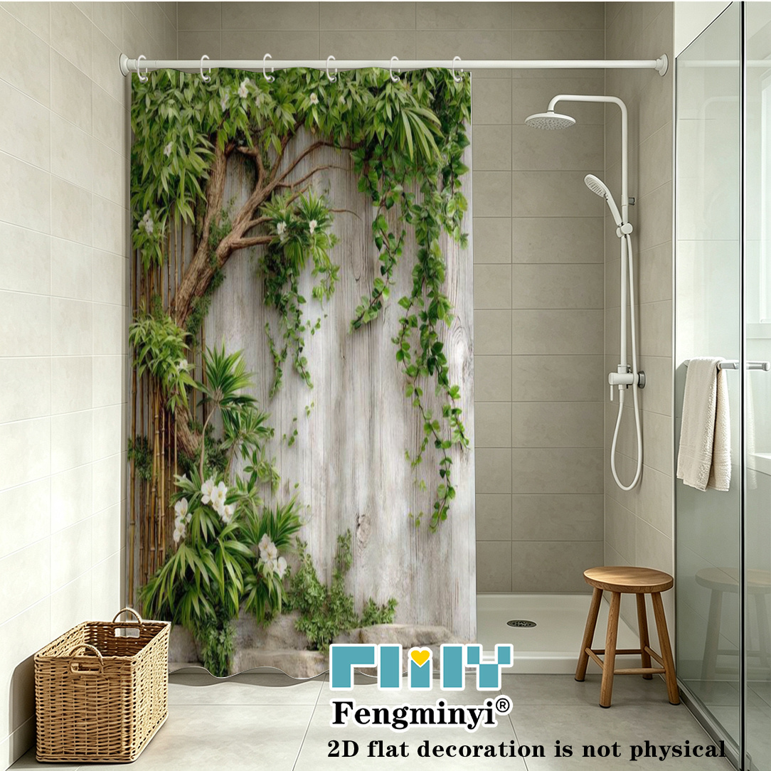 TEMU 2d Flat, 2d Curtain, 1pc, Extra Large, Style, With Distressed White Fence, Green Vines, Banana Leaves, And Floral Accents, Spa, Convenient,