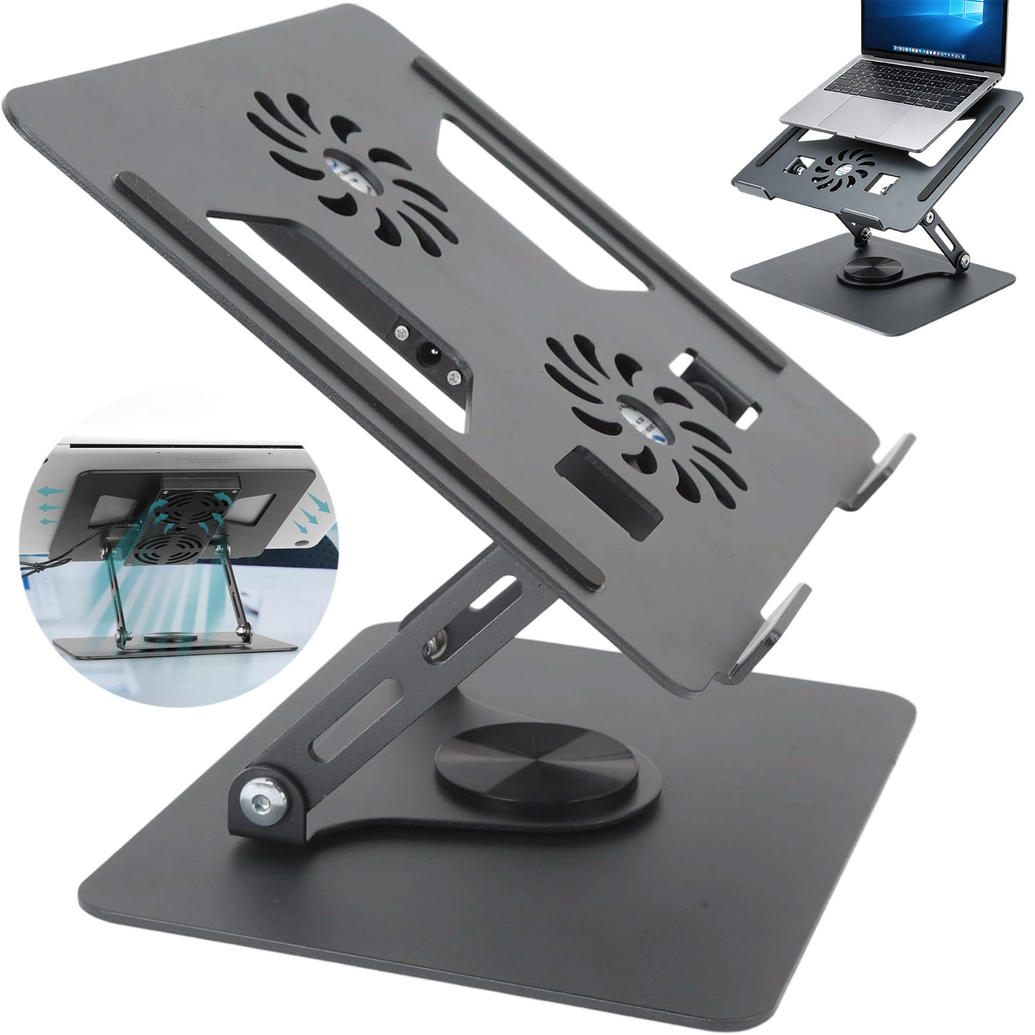 Dark Tone Hollow Aluminum Alloy Rotating Device Stand With Double Fans, Ergonomic Desktop Support Rack For Laptops, Tablets And Reading Materials
