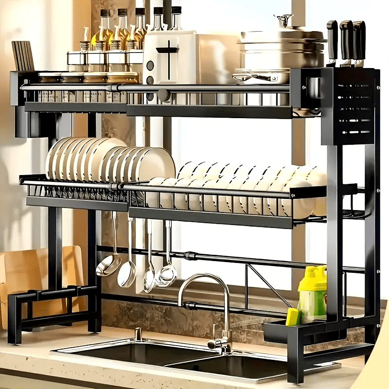 TEMU 1 Set Adjustable Black Metal Kitchen Rack With Sink Slot And Lid - 2 Tier Extendable Dish Rack With Cutlery Rack, Plate Slot And Chopping Board