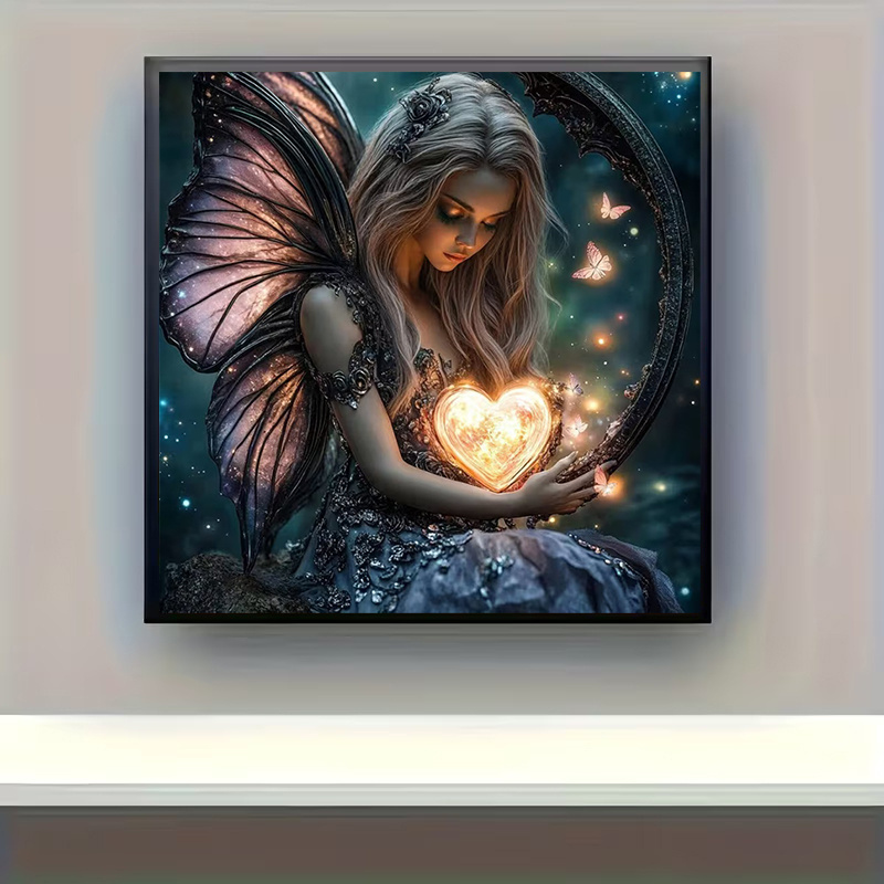 TEMU 1pc | 2d Diamond Painting Kit Elf Theme Decorative Diamond Painting Wings Fairy Hand Holding Glowing Heart Luminous Home Decor Painting Bedroom