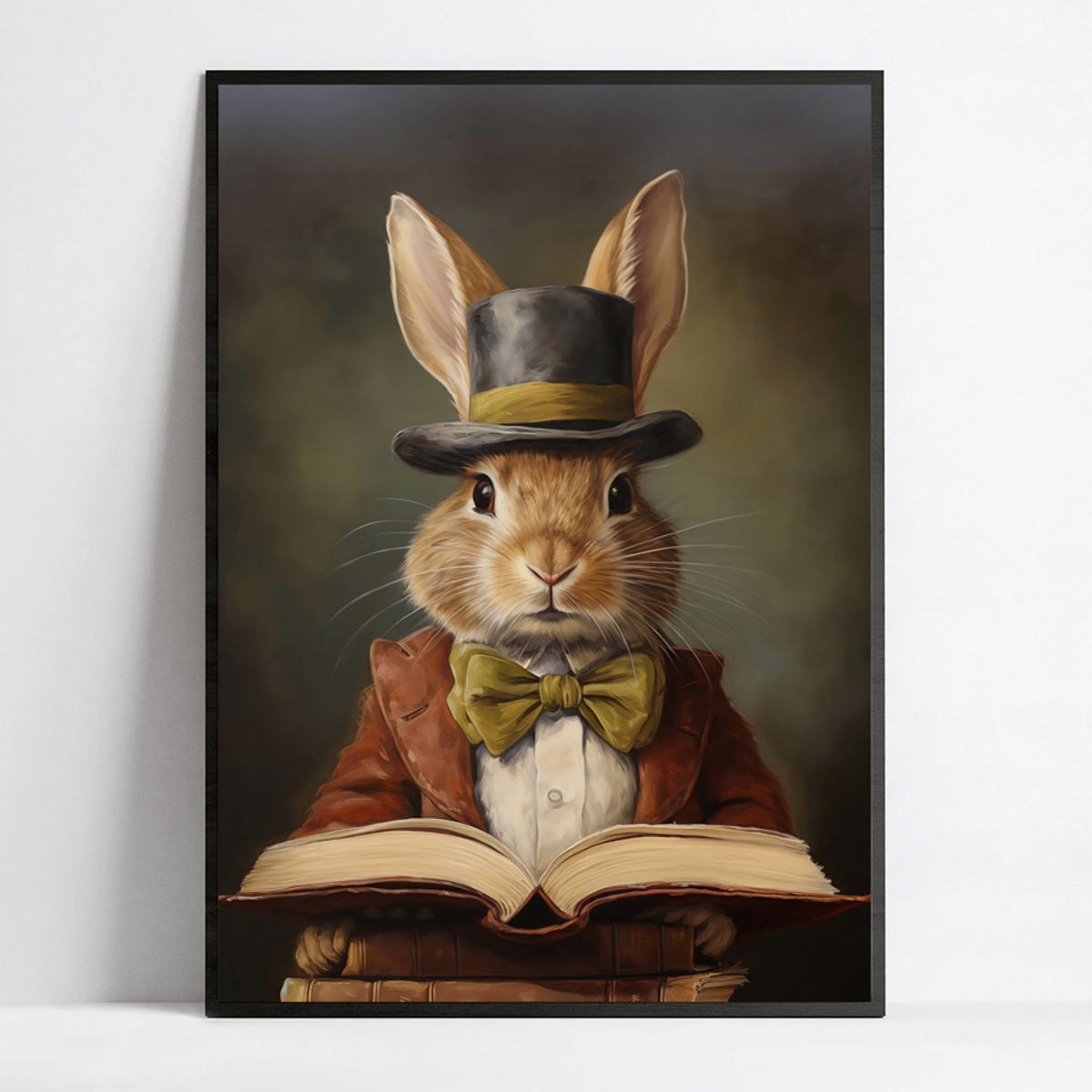 

Vintage-style Funny Bunny Reading Book Art Print – Easter Rabbit In & Bow Tie, Gothic Decor For Home, Office, Or Coffee Shop, Canvas Wall Art, Coffee Shop Decoration | Wall Decor | Seasonal Artwork