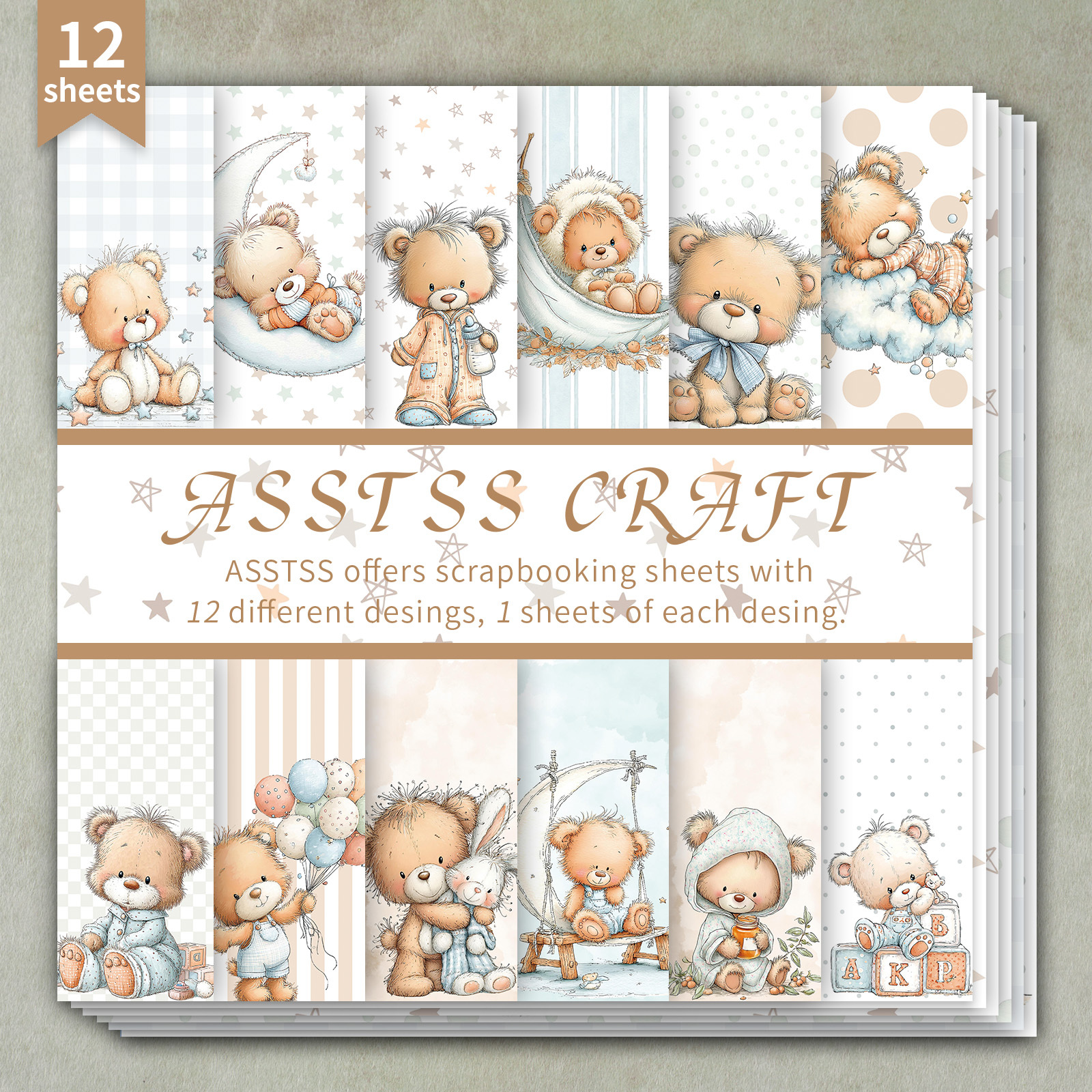 TEMU 12-sheet Asstss 6*6-inch Scrapbooking Paper Pad, Pastel Teddy Bear Whimsical Style Backing Paper Supplies, Heavyweight Cardstock For Journaling,