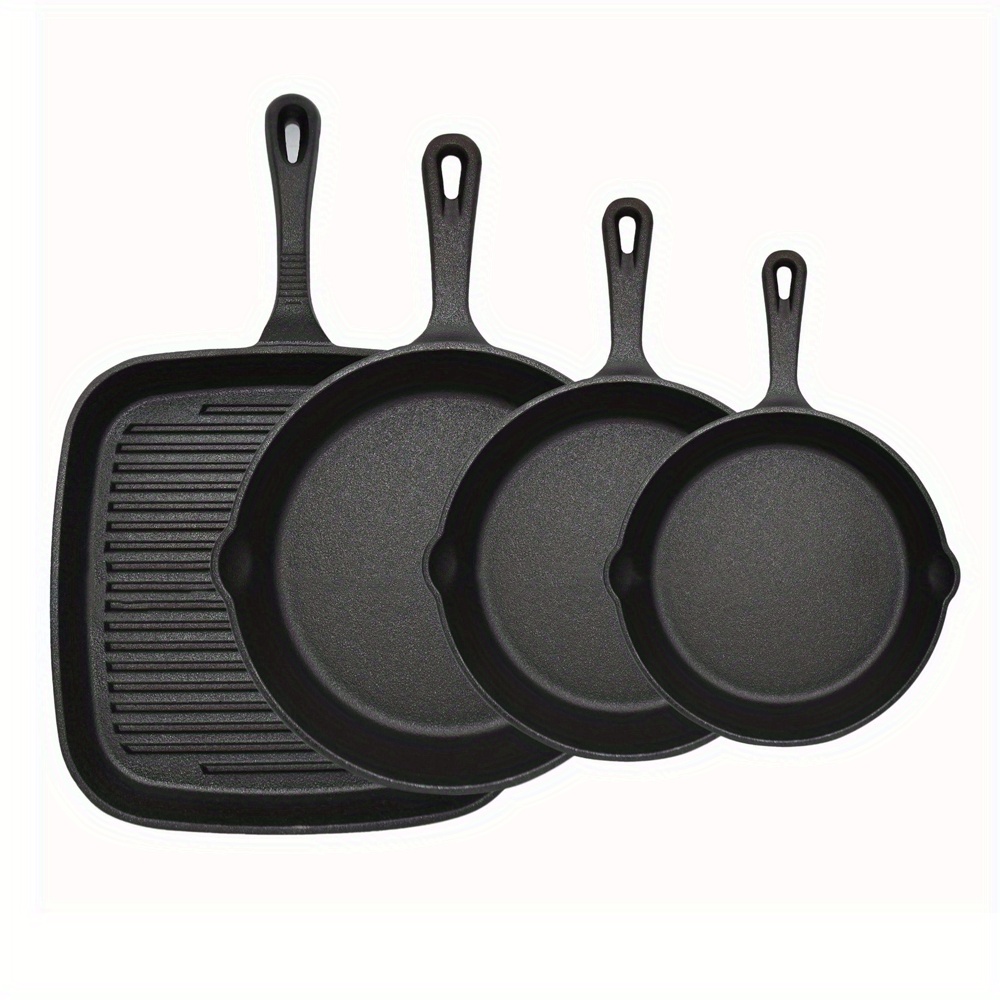 TEMU 4pcs Pre- Cast Set, Heavy Duty Frying Pans For Indoor & Outdoor Use, Oven Safe Cookware For Grill & Stovetop, Black Kitchen Kit