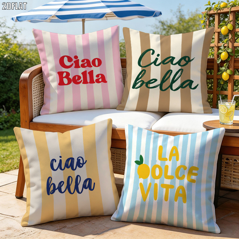 TEMU 4 pièces, Impression , Idéal pour l'extérieur, Taies d'oreiller à rayures italiennes avec lettres, à motif rayé italien multicolore, Disponible