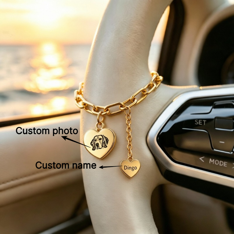 TEMU Personalized Custom Heart-shaped Laser Printing Pet Portrait/text Chain Pendant For Car Steering Wheel Decoration, Carrying Of You And Your Pet,