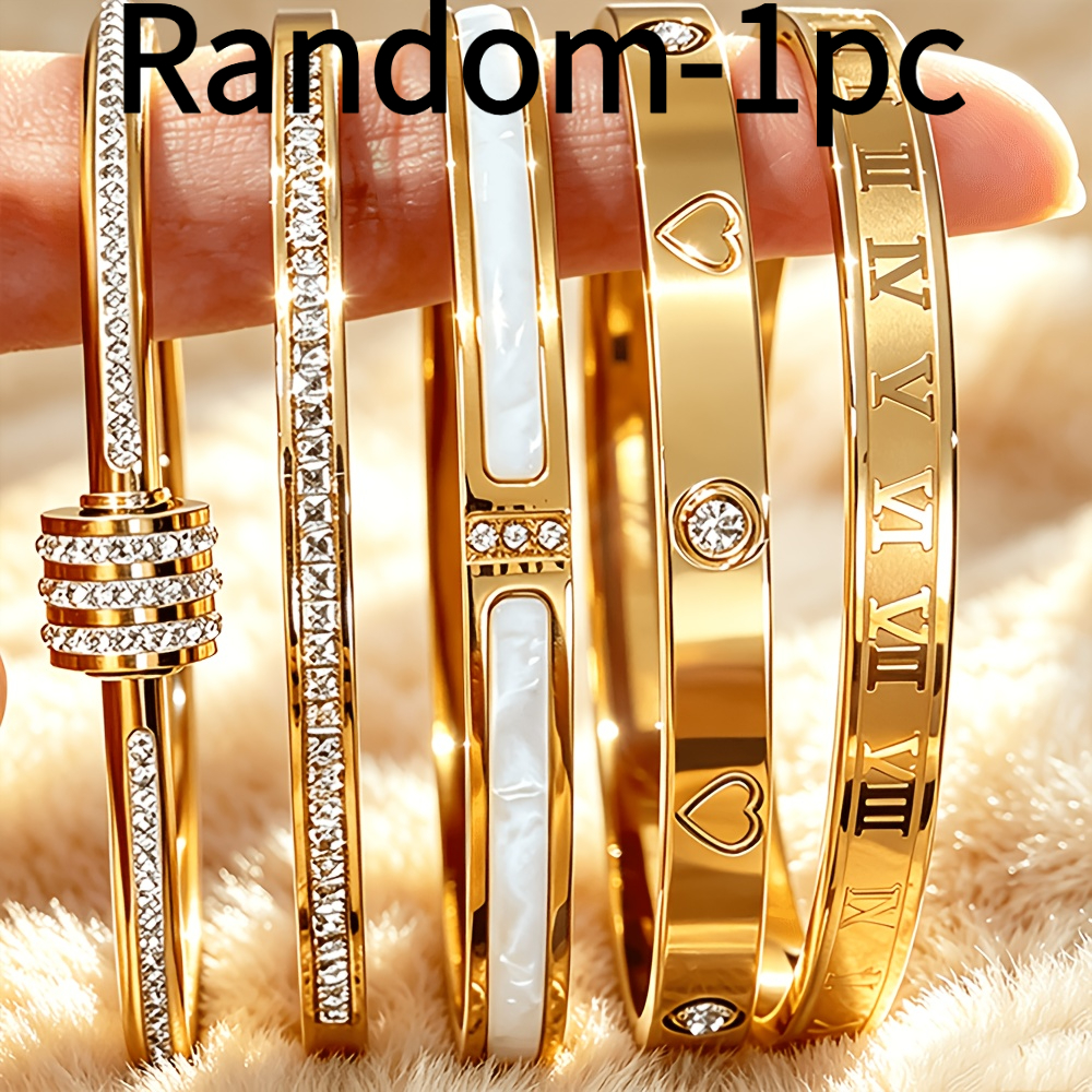 TEMU Random 1pc Stainless Steel Bangle, Trendy All-match Style, Synthetic Zirconia Roman Numeral And Heart-shaped Shell Design, Waterproof And