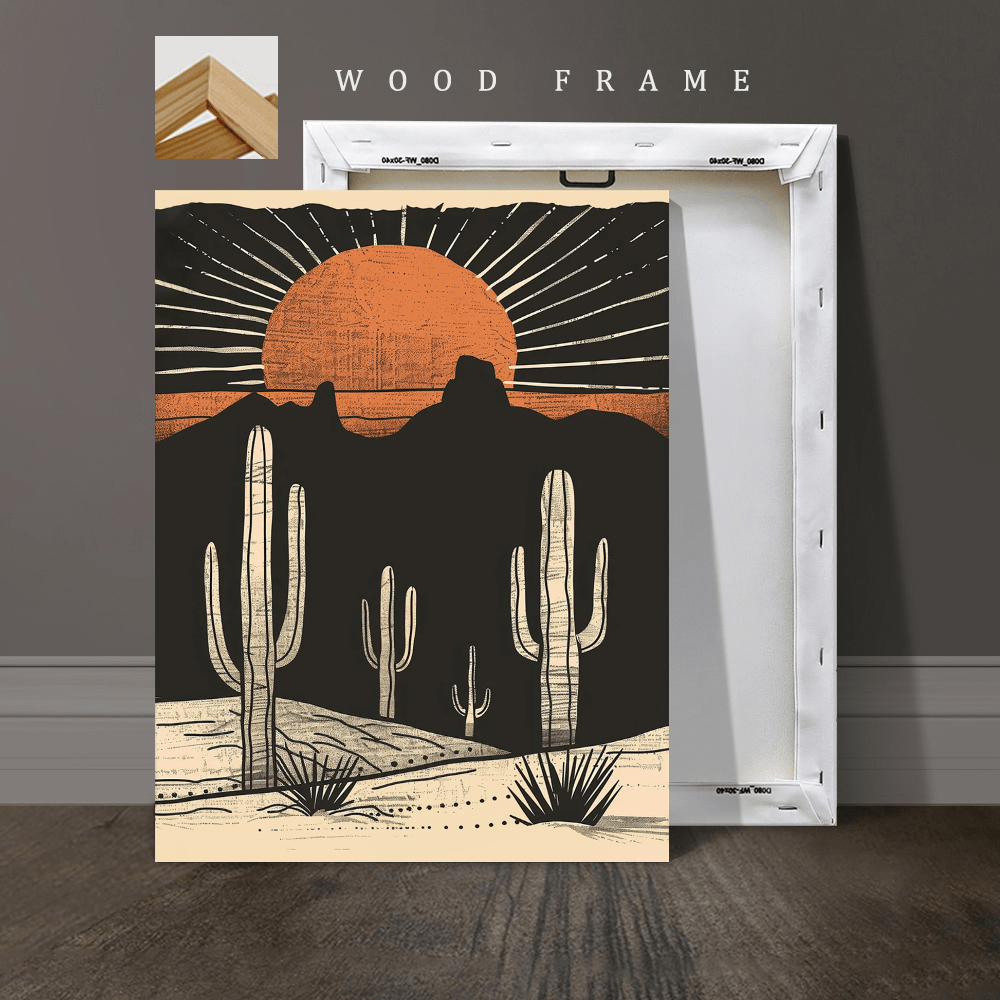 2D Wrapped Canvas Frame Canvas Painting, 2D Wrapped Canvas Frame Canvas Painting, 3pcs Desert Cactus Sunset Canvas Art Prints, Pine Frame, Art Decoration Classic Modern Style, Ink Landscape Wall Hanging Decoration, Suitable Home Office, Living