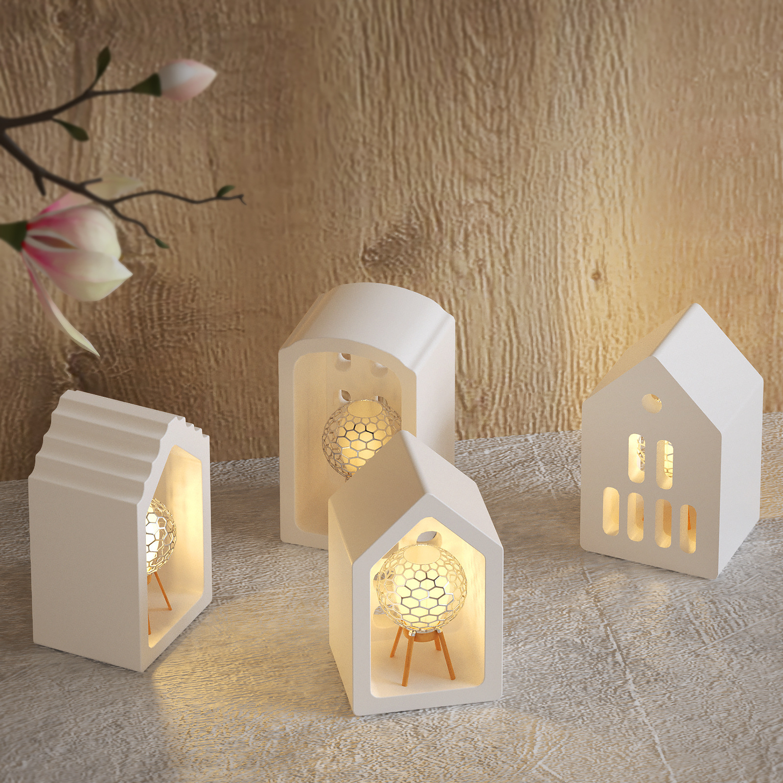 

4 European-style House Silicone Molds Home Candle Holder House Silicone Molds Plaster Clay Silicone Molds Four-grid Plaster Decoration Light House Ornaments Silicone Molds