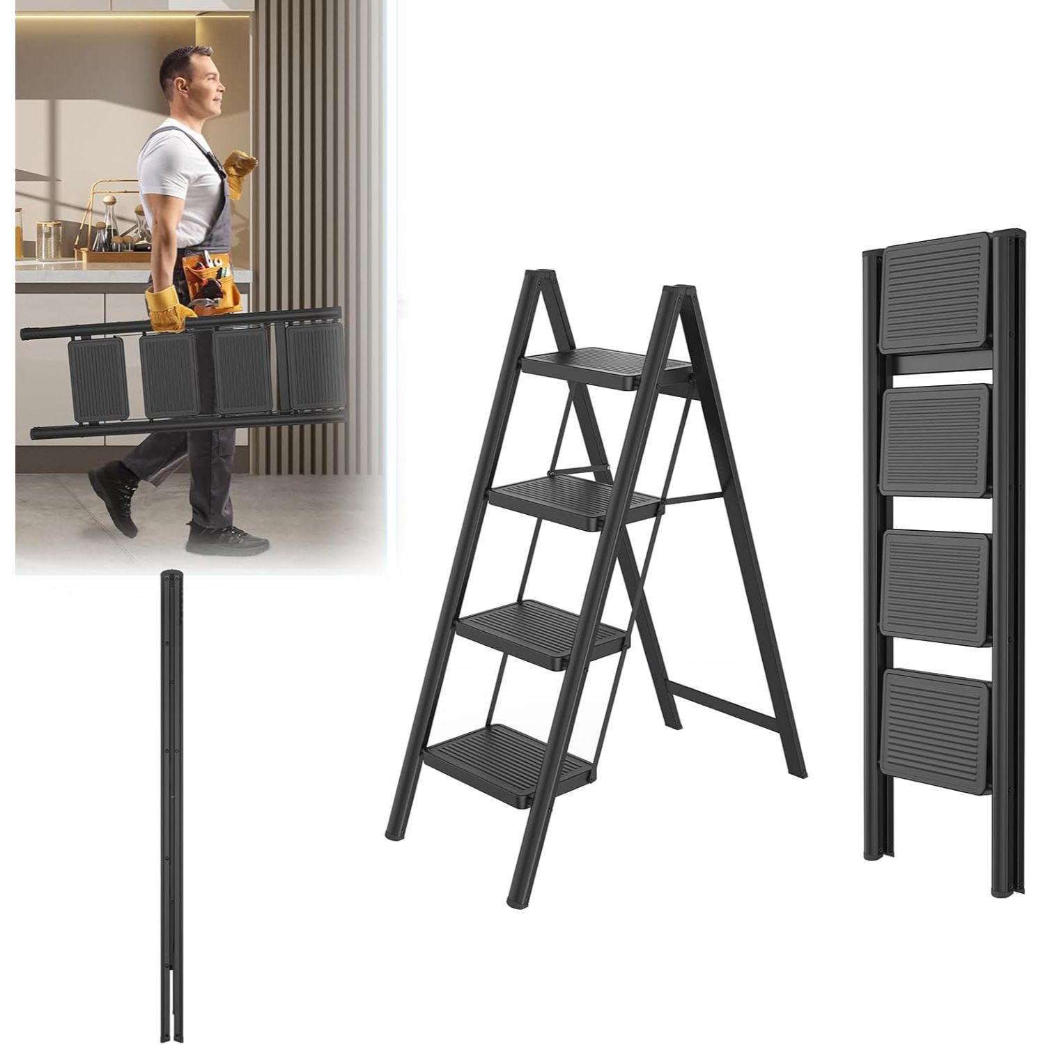 TEMU 2/3/4 Step Folding Metal Step Stool With Non-slip Surface & , 150kg Capacity, Compact For Home, Office Or Garage Use, Black
