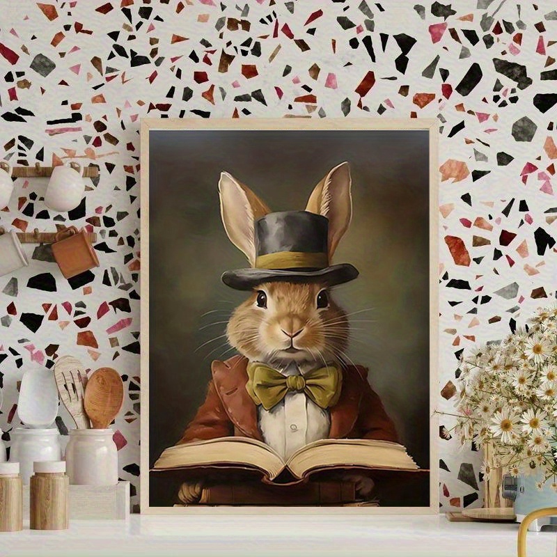TEMU 2d Flat, 2d Flat, A Frameless Canvas Painting, A 2d Flat Artwork Featuring A Vintage-style Interesting Rabbit Reading A Book, An Easter Bunny