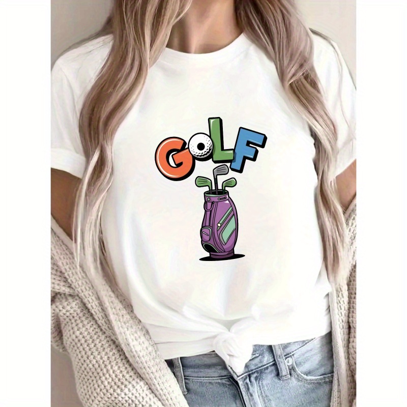 

Women's Golf-themed Graphic Tee - Gray Short Sleeve Crew Neck, Stretchy Polyester & Spandex , Casual Summer Top With Golf Bag Design