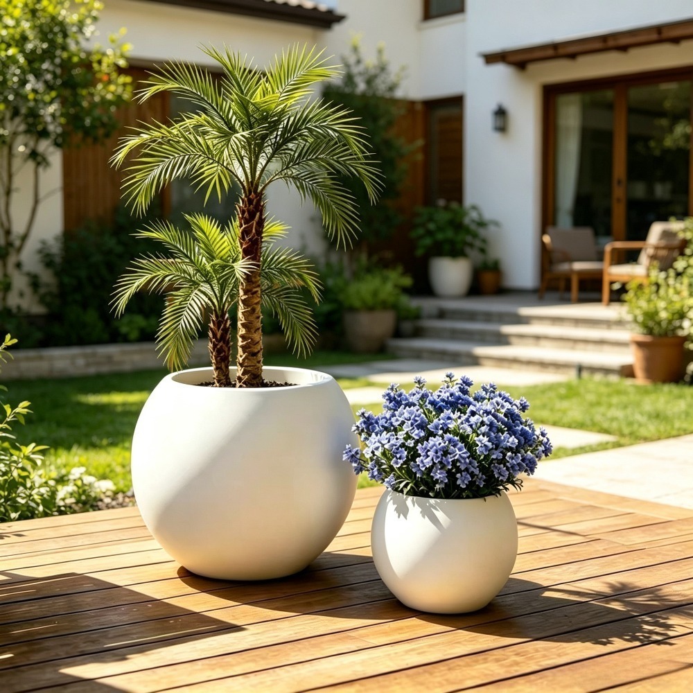 2pcs Set of Light Luxury Matte White Spherical Floor Planters, American Vintage Style for High-End Clubhouse and Villa Interior Soft Decor, Suitable for Indoor and Outdoor Use, Large Potted Plants for Living Rooms/Entryways/Offices
