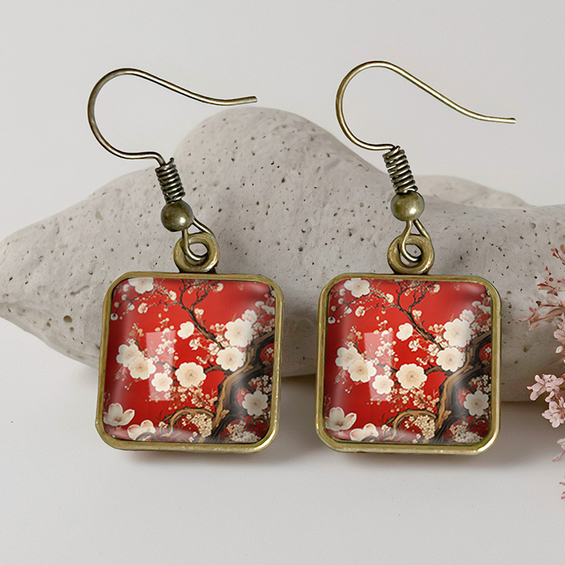 E-shop 1 Paar quadratische Sakura-Ohrringe im japanischen Stil, Glas-Langohrringe, handgefertigter Schmuck, Geschenk für Freunde