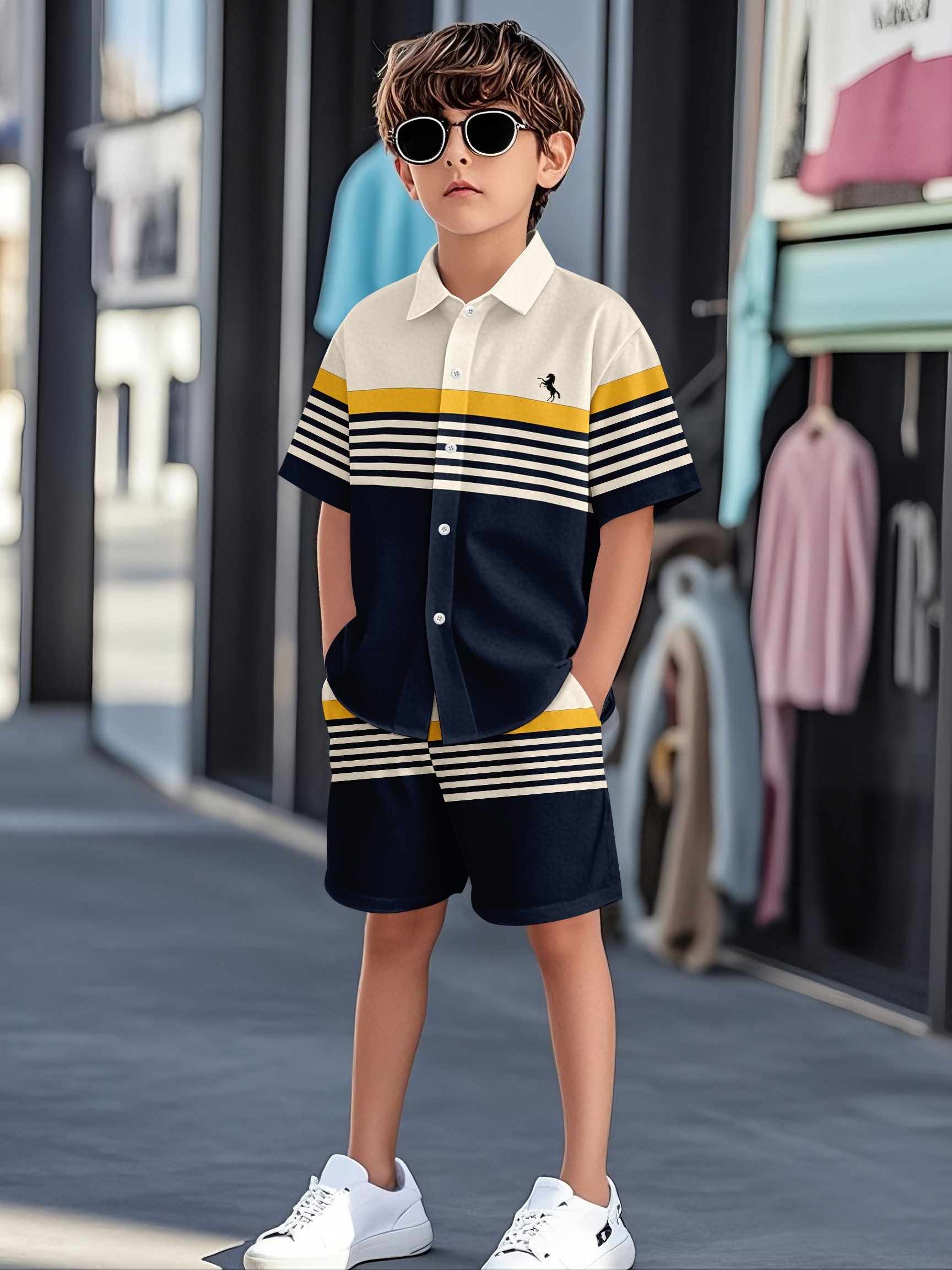 blue yellow and white striped short sleeve shirt and shorts set color block stripes with small logo exquisite and textured suitable for boys in summer casual and fashionable for daily wear fabric for outdoor