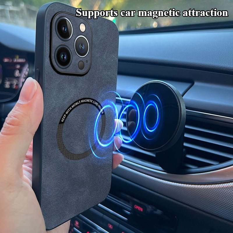 Image of Phone Case - Luxury Retro Business Faux Leather Magnetic Wireless Charging Phone Case, Car Mount Compatible Ultra Thin Cover For Iphone 17 16 15 14 13 12 Pro Max Pro Plus Air