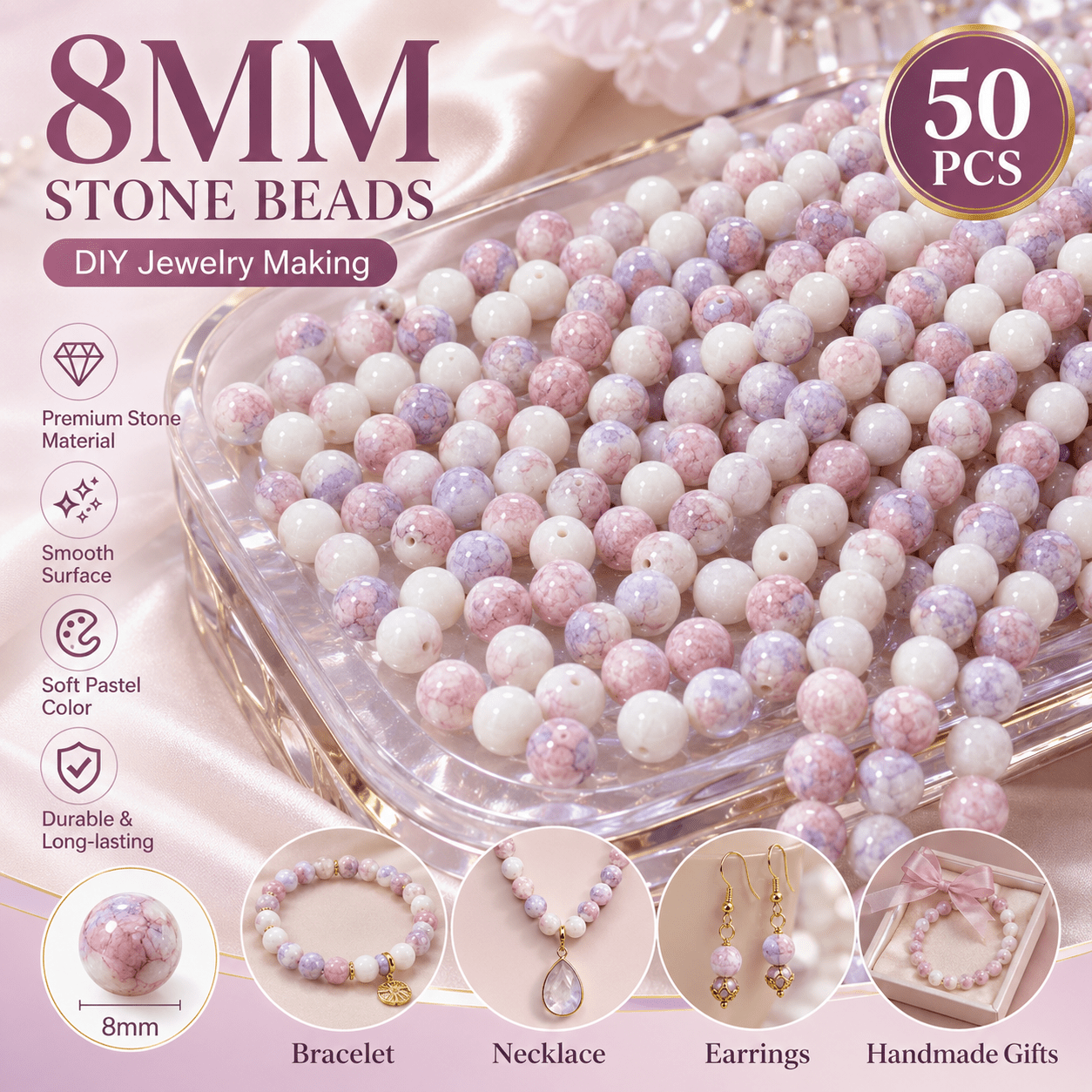 TEMU 50pcs Chengyouge Natural Stone Beads 8mm -purple Gradient Suitable For Making, Spray-sanded Beads With Mist-patterned Suitable For Bracelets,