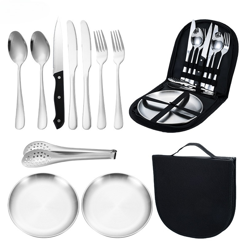 TEMU A Set Of 11 Stainless Steel Utensils For Camping - Lightweight And Sturdy For Outdoor Picnics, Featuring Plates, Forks, Spoons, And Cups - Ideal