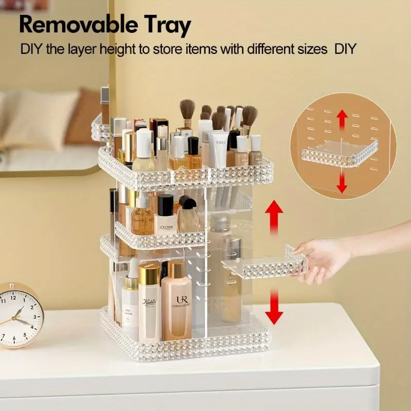 rotating makeup organizer for vanity high capacity acrylic cosmetic storage with clear drawers multi compartment design for perfume skincare makeup brushes plus size clear countertop organizer bathroom vanity storage sleek clear drawers Product details 5