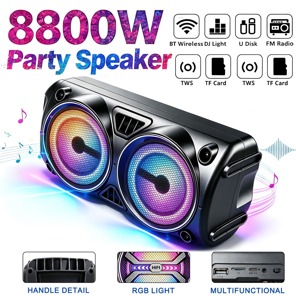 Image of 8800w Portable Pa Wireless Speaker With Rgb Lighting And Compact Subwoofer, Wireless/tws System, Usb/fm Radio, Microphone Input Suitable For Parties, Karaoke, Usb Amplifier For Indoor For