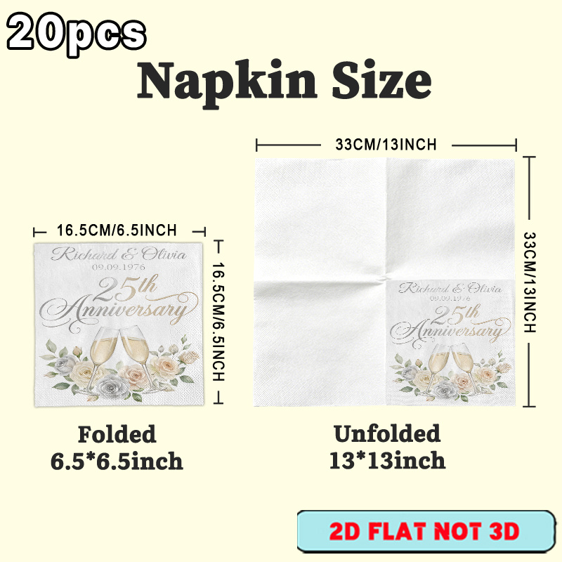 TEMU 20pcs Custom 25th Anniversary Disposable Napkins, Featuring Personalized Names, Date, And Floral , Printed Paper Napkins For Wedding