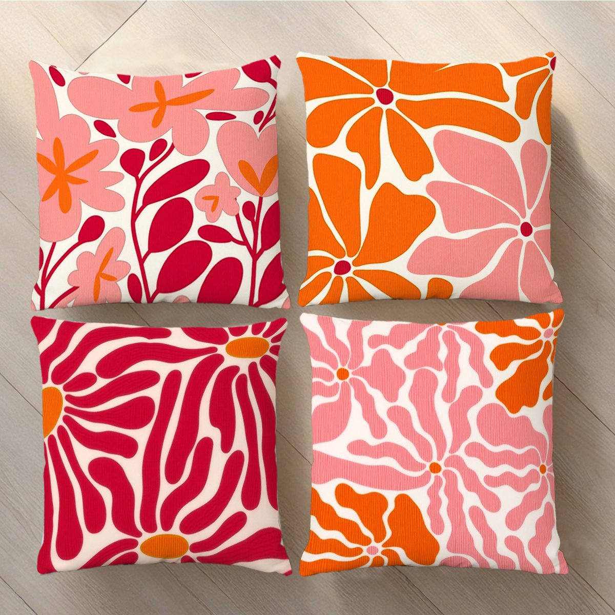 TEMU 2D Plat - Ensemble de 4 Housses de Coussin Abstraites à de Couleurs Dopamine avec Impression 2D Plate en de Fleurs et Orange-Rouge, Art Vibrant