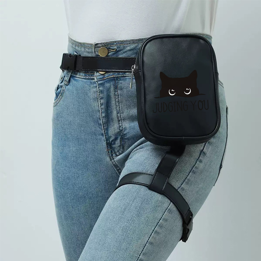 TEMU 1pc Women's Adjustable / Thigh Bag With Peeking Black Cat Print - Zipper Closure Suitable For Cycling, Outdoor, Commuting, Hand Washable Waist