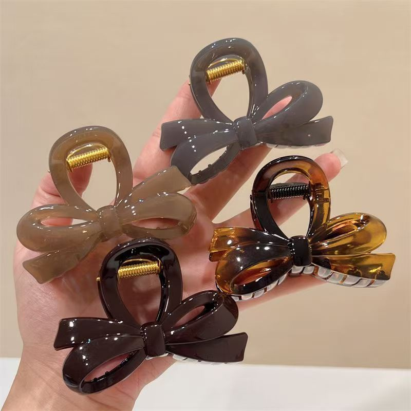 TEMU Random Color 3pcs Spring/summer Black Bow Medium Hair Claw Clip, Chocolate/coffee Gray, Korean Style Simple Versatile Fashion Shark Clip