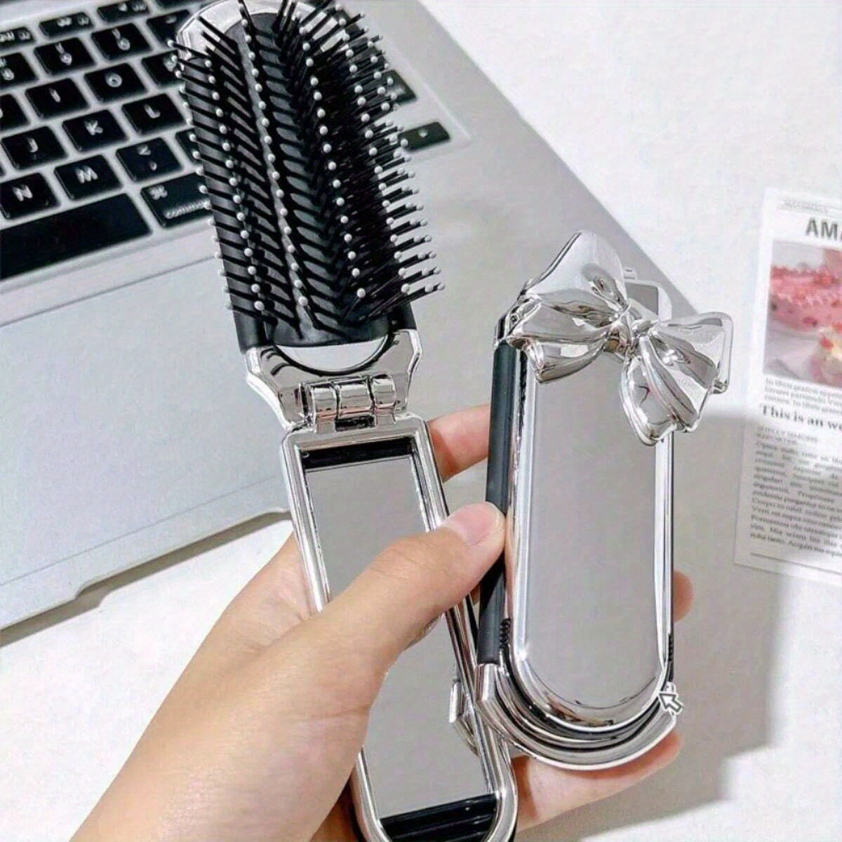 TEMU 1pc Portable Folding Comb With Airbag And Handheld Mirror, Nylon Bristle Hair Brush For Normal Hair, Abs Plastic Handle, Ideal For Daily Use And Travel