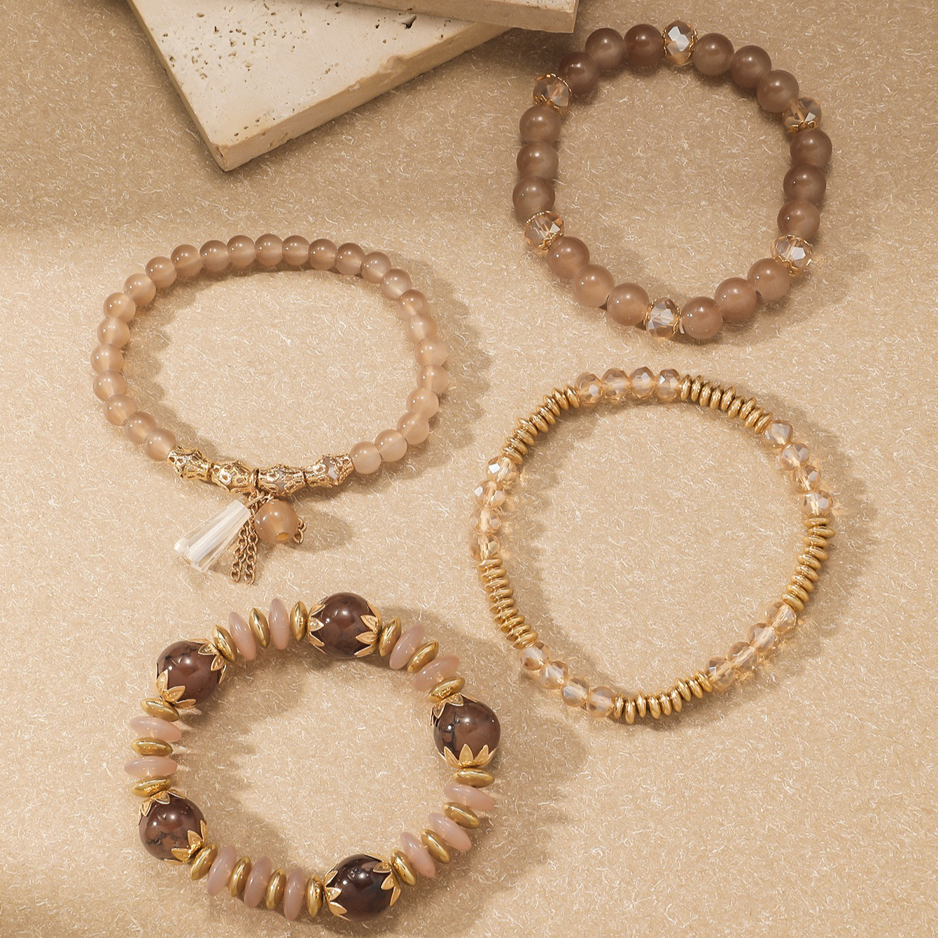 4pcs Women's Bohemian Vintage Glass Bead Elastic Stackable Set For Daily Vacation Party Wear