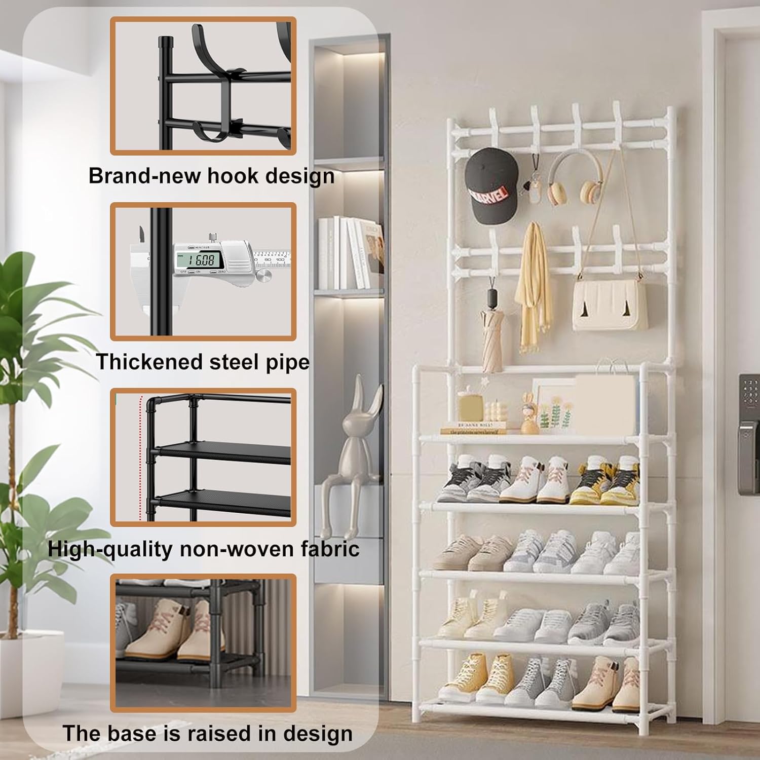 5-Tier Entryway Shelf with Metal Coat Rack And Shoe Rack, Suitable for Front Door Entryway, Entry Shoe Rack with Coat Rack, Multifunctional Entryway Storage Organizer, Suitable for Home, Hallway, Bedroom (White)
