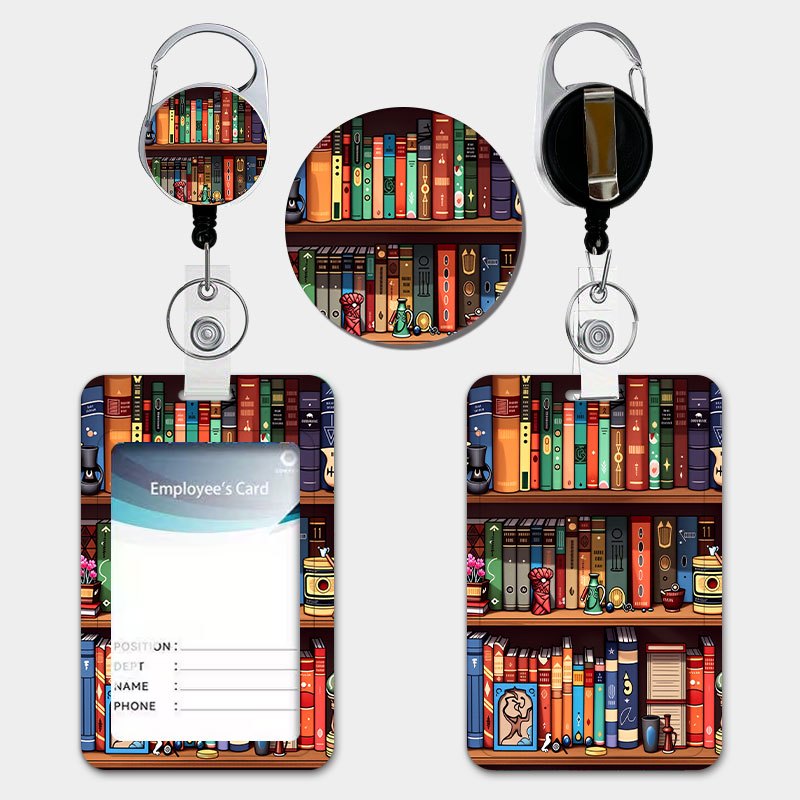 TEMU Retro Bookshelf Style Blue Id Card Holder, Colorful Book Pattern Print Design Creative Bookcase Element Decorative Id Card Holder With Easy-pull