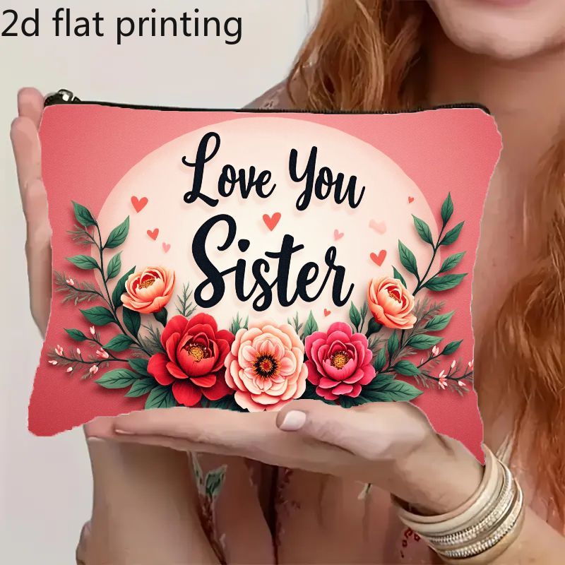TEMU Printed Makeup Bag With "love You Sister" Text, Pink Zipper Pouch, For Women - Lightweight And Portable Travel Toiletry Organizer, A Thoughtful